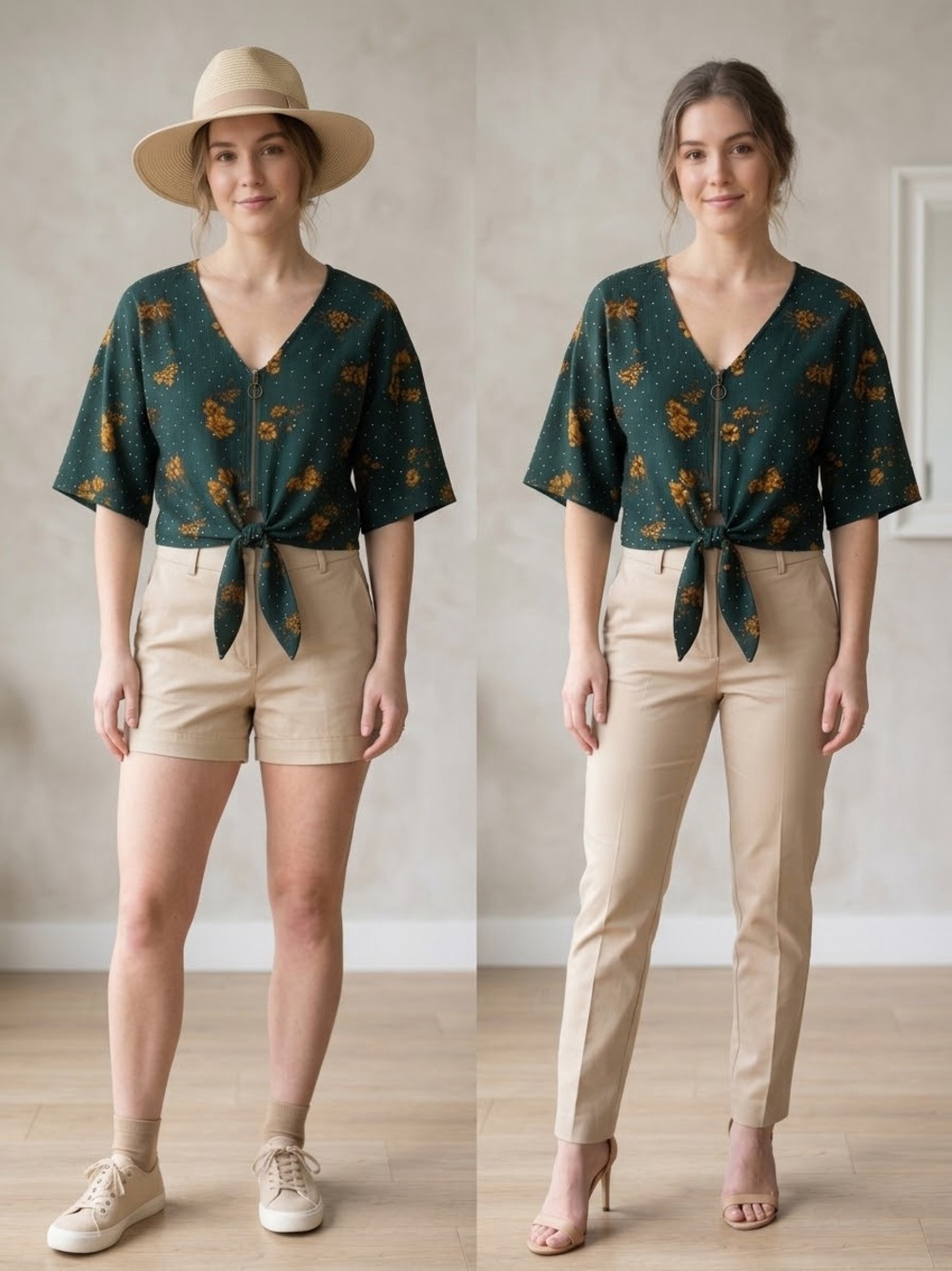 MINE Floral Tie-Front Blouse in Dark Green. Size M